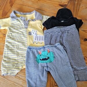 Yellow and Gray Striped Kids Romper, Pants, Lot 3-6m